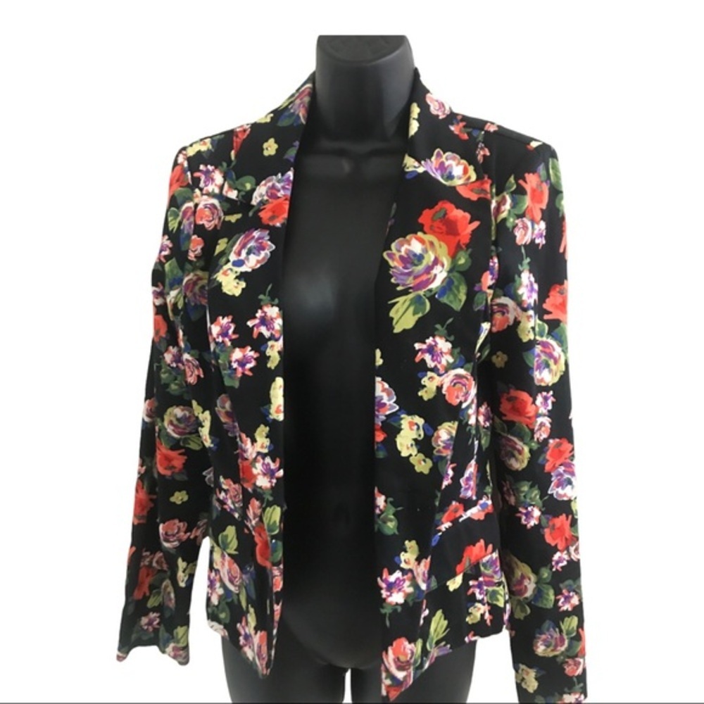 XOXO impressionist black red pink floral‎ roses blazer jacket Size medium new